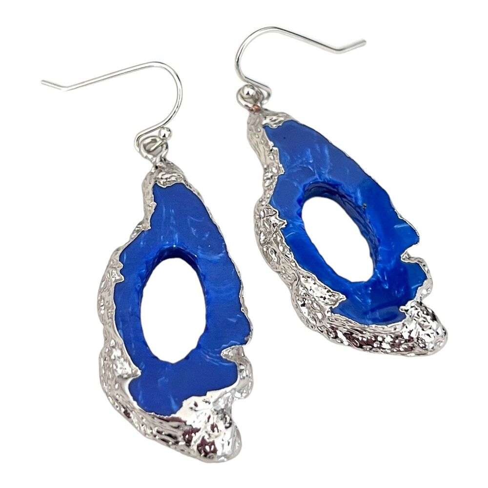 New Statement Earrings Silver Blue Simulated Stone Gilt Design Dangle - 2C